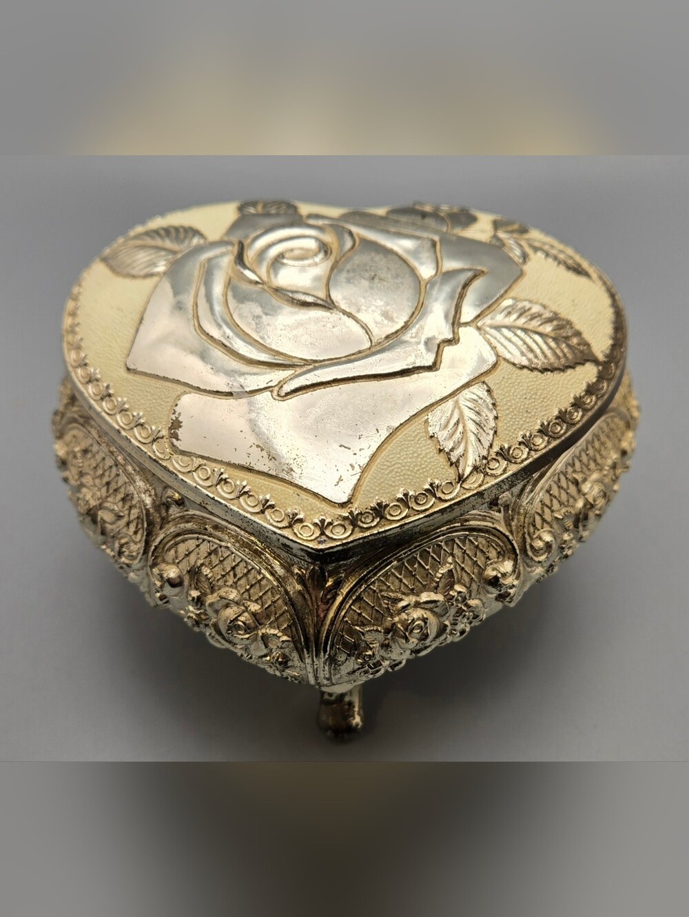 Ornate Heart Trinket Box w/ Rose on Top & Raised Floral Design All Around